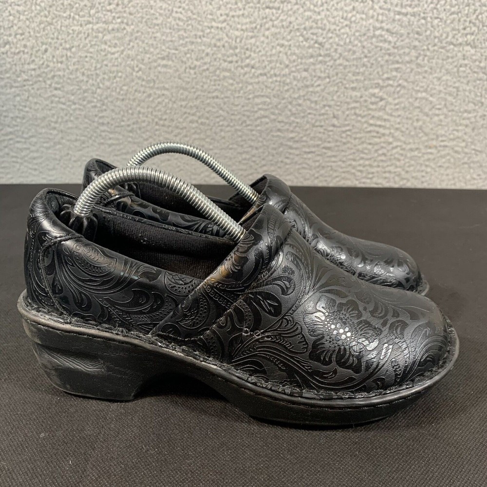 BOC Born Concept Womens 6.5 Black Embossed Leather Comfort Wedge Clogs Shoes